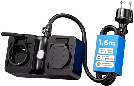 Meross WLAN Outdoor Steckdose mit 1,5m Kabel, Smart Außensteckdose Zeitschaltuhr Wasserdicht mit 2-Fach kompatibel mit Alexa und Google Assistant, IP44, 16A, nur 2,4GHz