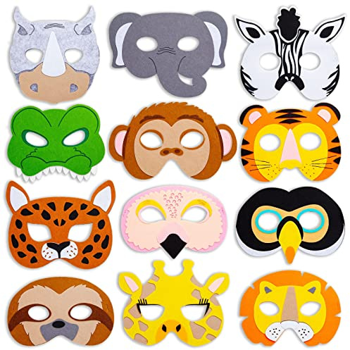 BLUE PANDA Animal Masks for Kids - 12 Pack, 7 x 7.2 In Multicolor Felt - Assorted Jungle Masks with Monkey, Tiger, Fox, Gorilla & Panda Designs for Jungle Party Decorations & Animal Costumes for Kids