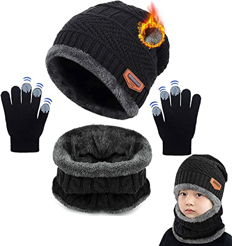 CheChury barn vintermössa vinterhalsduk handskar beanie barn stickad mössa mössa med halsduk för barn med fleecfoder mössa halsduk set halsdukar hattar för barn flickor pojkar vinterkläder