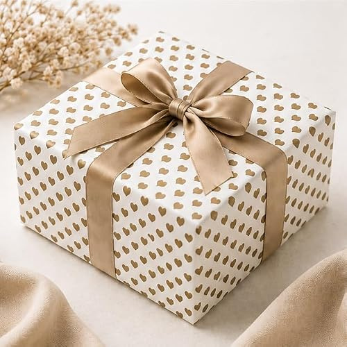 Geschenkpapier Rolle 10m Geburtstag Herzen Gold Beige für Kinder Premium Qualität Made in Germany