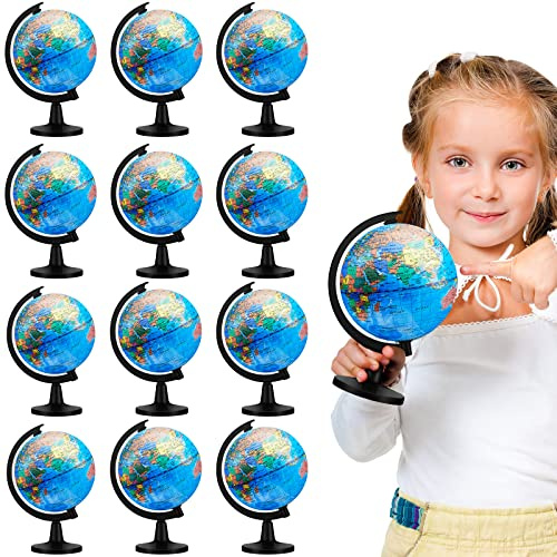 Meooeck 12 Pcs World Globe with Stand 4.6 Inch Geographic World Globe Bulk for Kids Students Learning Educational Classroom Desk Table Decoration, Blue