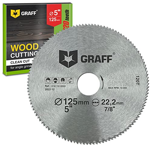 GRAFF Disque Bois Meuleuse 125 x 120 Dents – Disque Sculpture Bois, Contreplaqué, Stratifié, Cloison, Sèche, Plastique – Lame de Scie Circulaire avec Alésage de 22,23 mm
