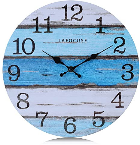 Lafocuse Orologio da Parete Marino Blu Legno, Silenzioso Orologio Nautico Vintage Retro, Shabby Chic Strisce senza Ticchettio per Cucina Soggiorno Camera da Letto Bagno 30cm