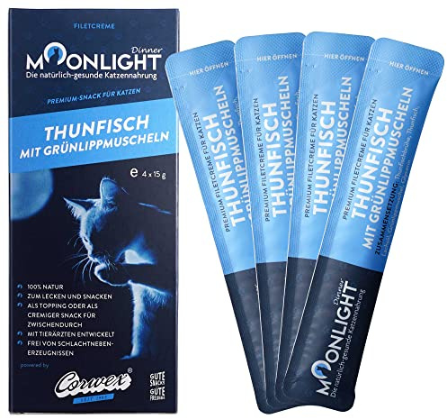Moonlight Filetcreme mit Thunfisch – 100 % Natur-Katzensnack mit Superfoods - 4x15g Schlecksticks für Katzen - Getreidefrei, ohne Zucker & vom Tierarzt empfohlen - Premium Ergänzungsfutter