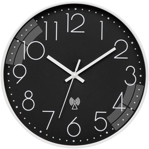 VIVILINEN Funkuhr geräuschlos Wanduhr Ohne Tickgeräusche Modern Funkwanduhr Lautlos Wanduhr Nicht Tickend Hängeuhr für Wohnzimmer Schlafzimmer Büro Küche 30x30cm/12 Zoll (Schwarz-Weiß)