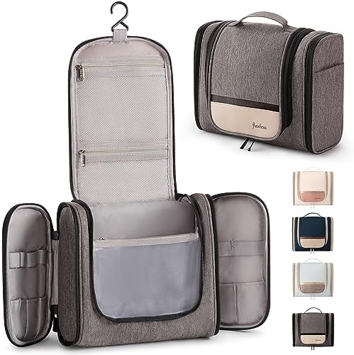 Rieeyrslza Trousse de Toilette de Voyage à Suspendre Cosmétique Sac Organisateur, Sac de Toilette pour Femme & Homme, Multi-Compartiments étanches, Convient pour Voyage, Camping, Gym(Gris+Beige)