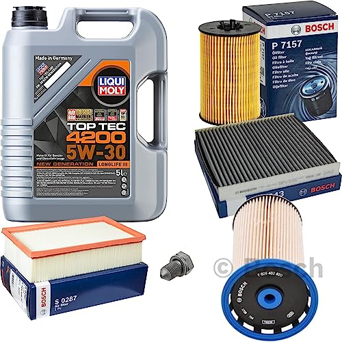 Inspektionspaket Wartungspaket Filterset mit 5 L Motoröl Top Tec 4200 5W-30, Ölfilter, Innenraumfilter (Aktivkohle), Luftfilter, Kraftstofffilter, Verschlussschraube