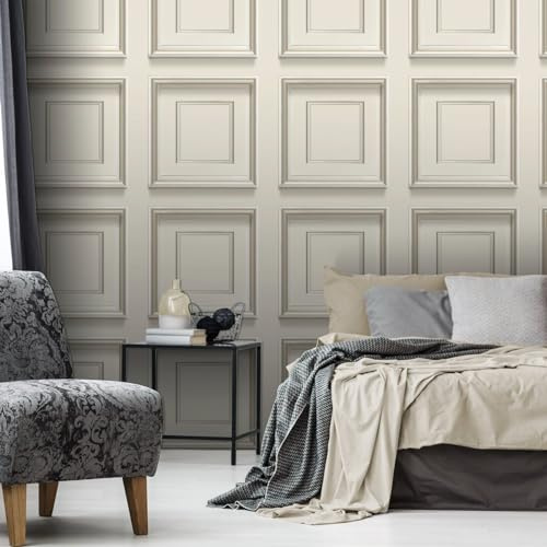 SOPHIE LAURENCE Cream Panel Effect Wallpaper Metallic Realistic 3D Wooden Panelling Effect Wallpaper - Paste The Paper for Living Room Bedroom Feature Wall