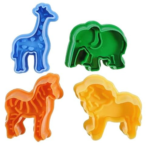 YAFIYGI Juego de 4 cortadores de galletas de animales de safari, ideales para hornear fondant, formas de elefante, jirafa, león, cebra, cortador de galletas, molde para hornear para niños, con sellos
