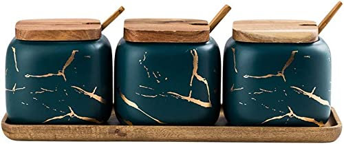 TIECHUINIUB Ensemble salière et sucrier en bois avec 3 bols à sucre en marbre avec couvercles et cuillères de service Vert 340 ml