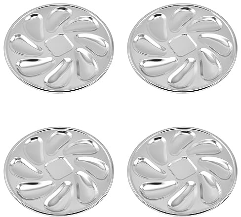 Lot de 4 Assiettes à Huîtres en Acier Inoxydable 25 cm, Plateau à Coquillages Forme Coquille avec 8 Emplacements et Bac à Sauce, Réutilisable Compatible Lave-Vaisselle pour Apéritif Fruits de Mer