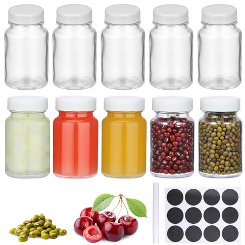 Hejo 10 Stück Kleine Shot Flaschen zum Befüllen, 60ml Kleine Glasflaschen | Dicke Ingwer Schnapsflaschen, Mehrweg Breiter Mund Mini Shotgläser mit Weißem Deckel für Saft Smoothie Ingwer Shot