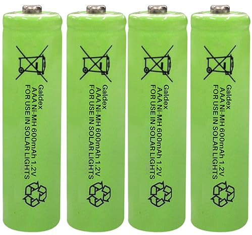 Galdex 4 Pack AAA Rechargeable Solar Light Batteries 1.2V 600mAh Ni-MH Pre-Charged Double A Solar Battery for Indoor Outdoors use in Garden Lawn Lamps, String Lights (AAA 600mAh, 4 Pack)