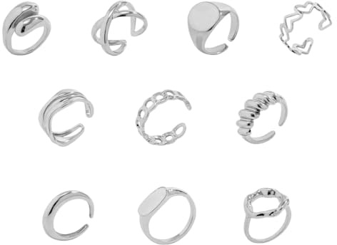 Goiern Set di anelli in oro massiccio da 10 pezzi, in oro massiccio 14 K, regolabili, anello aperto da donna, a cupola spessa, anelli massicci, argento, L