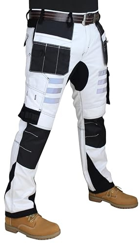 HASHOOB TRADING FZE Men’s White Painter Trousers Designer Three Stitch Work Trousers Decorators Workwear Pants (7-Seven-White, 34W X 32L)
