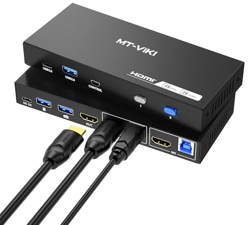 MT-VIKI Commutateur KVM USB 3.0 HDMI 2 ports 4K@60Hz/2K@144Hz Commutateur KVM 2 ordinateurs 1 moniteur avec 3 ports USB-A+ 1 Type-C