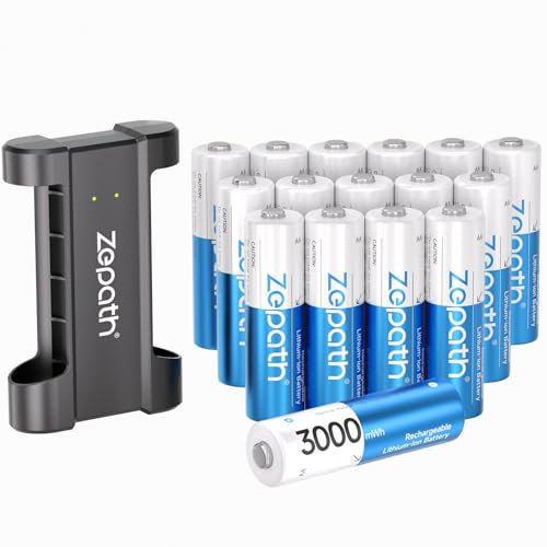 Zepath 16 x AA Rechargeable Lithium Batteries With 2 Slot Charger, High Capacity 3000mAh Lithium AA Battery 1.5V Constant Output 1600 Cycles, Rechargeable Battery Charger Fast Charging