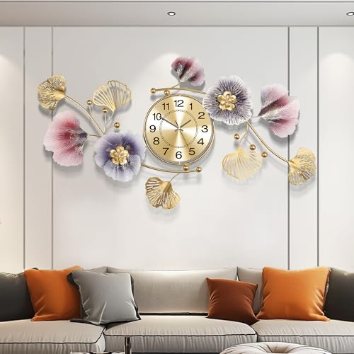 Blissio Orologi per Soggiorno, Grande Orologio da Parete, Orologio da Parete Silenzioso 3D, Design di Foglie di Ginkgo in Metallo Retrò, Decorazioni Murali per Soggiorno (Colore Colorato, 120cm)