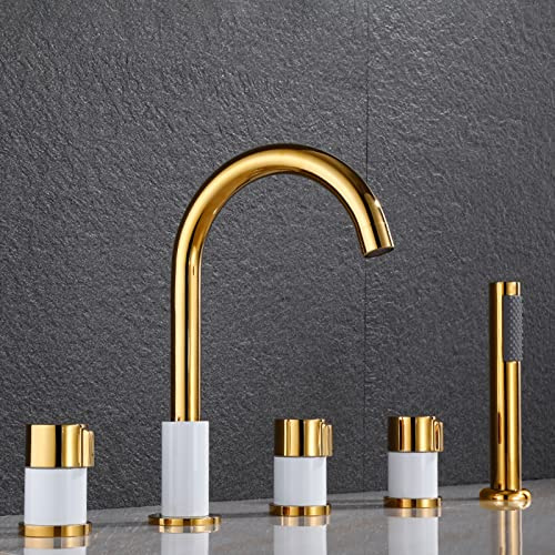 Modern Bath Mixer Tap with Shower Waterfall Bathroom Tub Tap Bathtub Tap 5 Hole Set Bath Tap with Pull-Out Hand Shower Bathroom Tap Gold + White
