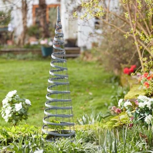 Garden Mile 1.2m Large Garden Metal Faux Rattan Obelisk Cone Pyramid Plant Support Trellis Climbing Frame Plant Support Trellis for Climbing Plants Garden Outdoor Heavy Duty Obelisk in Grey