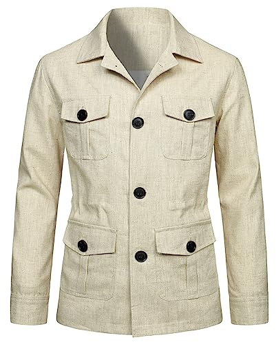 Generico Uomo Leggero Safari Giacca Casual Lino Pulsante su Multi-Tasche Cappotto Cargo Outwear