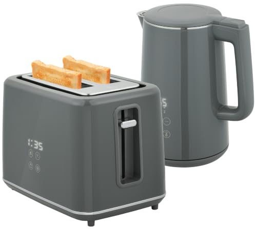 HOMCOM Digital Stainless Steel Kettle and Toaster Set, 1.5L 3000W Fast Boil Kettle, 2 Slice Toaster with 7 Level Browning Controls, Defrost, Reheat, Keep Warm, Crumb Tray and LED Touch Display, Grey