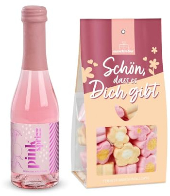2er-Set Schön, dass es dich gibt Geschenk | Süßigkeiten Geschenk | Blumen Marshmallows und prickelnder Pink Sprizz | Zum Danke sagen oder einfach so | Für Familie, Freunde oder Kollegen