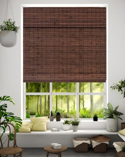 32''W X 72''H Cordless Bamboo Roman Shades for Interior Windows, Roll Up Bamboo Blinds with Valance, Light Filtering, Easy to Install, Coffee Color