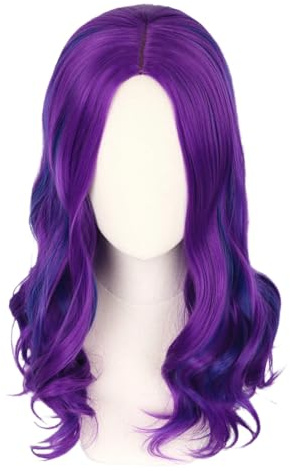 CGVG lång vågig lila mix blå peruk värmebeständig syntetisk peruk lila peruk för halloween karneval cosplay (vuxna)