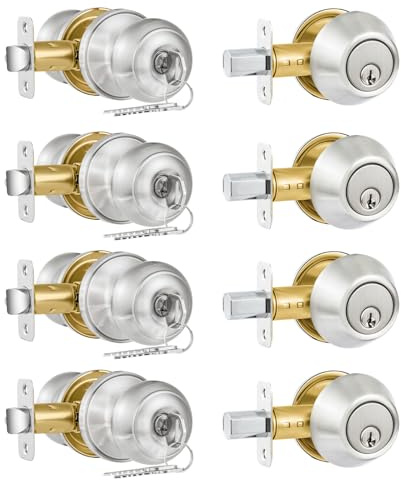 Plustool 4 Pack Exterior Door Lock Set, Satin Nickel Door Knob and Deadbolt Combo Set, Keyed Alike Entry Door Knobs with Lock&Keys, Round Ball Door Locksets with Deadbolt for Entrance and Front Door