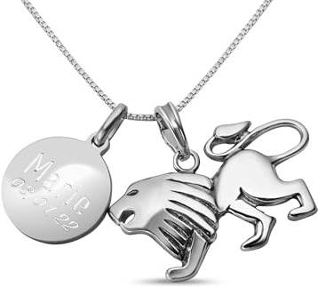 Löwe Kette Pur 925 Silber Anhänger mit persönlicher Gravur | Sternzeichen Löwe Talisman für Stärke & Mut | Geschenk für Herren & Damen | Massiver Statement Schmuck inkl. Kette