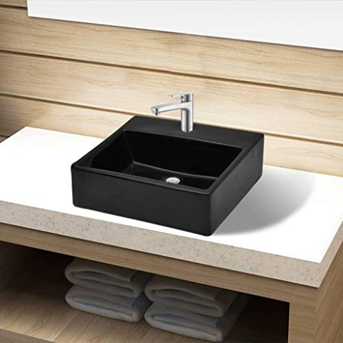 Lavabo en Céramique with Trou pour Robinet, Design Carré, Vasque à Poser Salle de Bain, Lavabo Salle de Bain, Meuble Vasque Salle de Bain, Noir, 380 x 300 x 115 mm