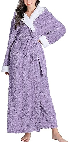 Flygo Plush Fleece Robe for Women Soft Warm Full Length Long Hooded Bathrobe with Hood Luxury Warm Housecoats(Purple-M)