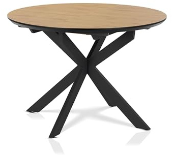 KHG Tavolo da pranzo allungabile da cucina rotondo 110 – 150 cm con estratto a farfalla per 4 – 6 persone – struttura in metallo a stella, piano in legno, bordo svizzero, effetto rovere