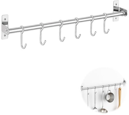 Ruvan Hakenleiste Küche Ohne Bohren, Selbstklebend Küchenschiene Mit 6 Haken, Ohne Bohren, Beweglicher Wandhaken Für Küchenutensilien, 30kg Tragfähigkeit, 40cm