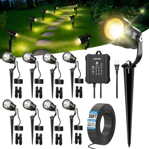 HIBOITEC 8Pcs 5W Dimmbar Gartenbeleuchtung Set mit Timer ＆ Fotozellensensor | Kabel & Verbinder für Flexible Leuchtenabstände, IP65 Wasserdicht Gartenstrahler mit 65W Transformator für Rasen, Wege