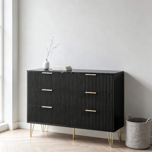 Wumagin Kommode mit 6 Schubladen aus Massivholz, Moderne Komodenschrank 100 cm Breit aus Gerilltem, Chest of Drawers mit Goldenen Griffen, Schrank mit Marmorimitat für den Flur (Schwarz)