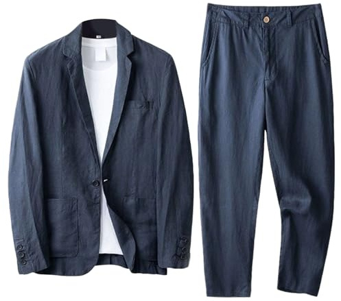 Completo da Uomo in Lino e Cotone, 2 Pezzi, Slim Fit, con Giacca da Smoking e Pantaloni con Coulisse, Completo Estivo Ballo, Matrimonio, per Uomo, Blu XX Large