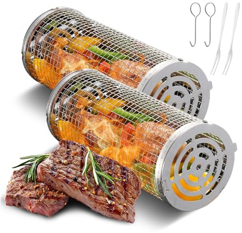 Cestelli per grigliate rotanti Set di 8 reti per barbecue portatili in acciaio inossidabile Accessori per barbecue per grigliare all'aperto Verdure Pesce Gamberetti Carne (Medio)