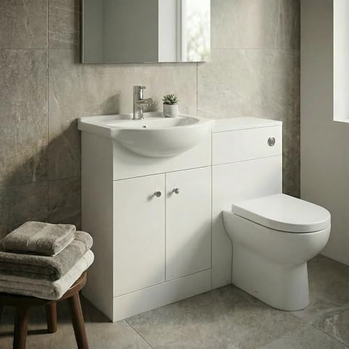 BAYSTONE 1200mm Bathroom Vanity Unit Toilet WC Basin Sink Storage Cabinet Freestanding Soft Close Door, Modern, White Gloss