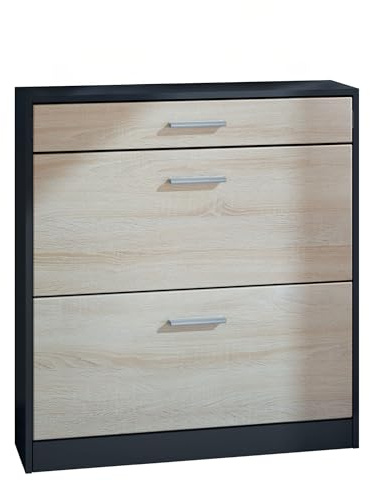 InnoFurn Schuhschrank Roma Schmal mit 2 Klappen und 1 Schublade, Platzsparender Schuhkipper Flurschrank für Diele Flur Garderobe, Schwarz/Eiche Sägerau (89 x 95,5 x 23 cm)