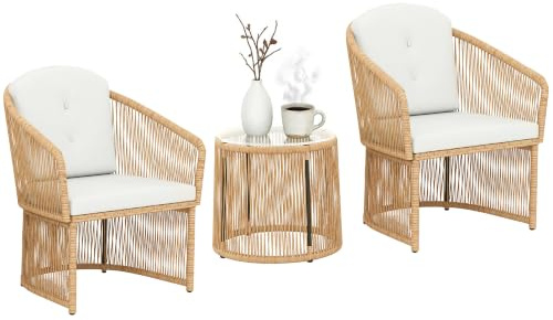 Outsunny Polyrattan Gartenmöbel Set für 2 Personen 3-Teilig Cremeweiß | Outdoor Lounge Balkonmöbel, Mit Kissen, Wetterfeste Sitzgruppe, 2 Stühle, Runder Glastisch, Balkon Terrasse Garten