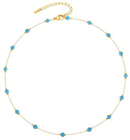 Collier Perles Turquoise Femme Pierre Naturelle Acier Inoxydable Or 18K