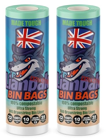Lianpak BioFlex 22L Compostable Bin Bags, Biodegradable Drawstring Kitchen Bin Liners, Extra Thick 35 Micron Eco Friendly Trash Bags, Compost Caddy Liners Garbage Bags, 56 × 55 cm, 20 Bags