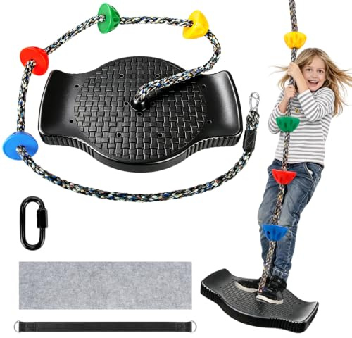 Kletterseil Schaukel Outdoor, Rutschfester Schaukelsitz Set mit 1.9M Langem Verstellbarem Seil, Stehen und Sitzen, 75kg Kletterseilschaukel für Garten, Spielplätze, Kinder & Erwachsene, Schwarz