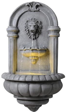 Teamson Home Löwenkopf Wandbrunnen Outdoor 81 cm mit Steinoptik, integrierter LED Beleuchtung und klassischem Design, Naturstein