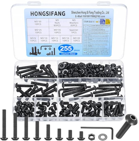 Juego de Tornillos M5, 255 Piezas, Cabeza Redonda Hexagonal, Negro