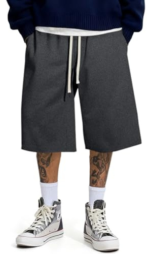 JMIERR Mens Shorts 3/4 Length Baggy Gym Shorts Sweat Capri Pants | Lightweight Cotton Shorts,Y2K,Cropped Trousers,Deep Pockets,Adjustable Drawstring Waist,Loose Fit,Below Knee Length