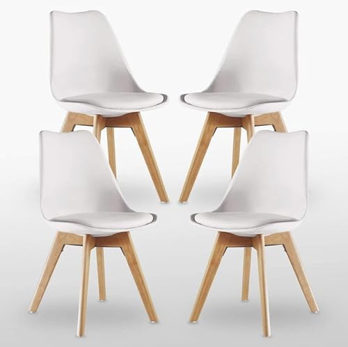 P&N Homewares® Lorenzo Tulip Chair Plastic Wood Retro Dining Chairs White Black Grey Red Yellow Pink Green Blue (SET OF 4) (WHITE)