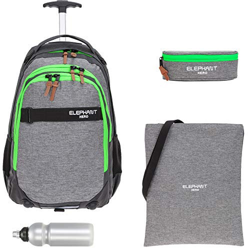 4 Teile Set: Elephant Trolley Hero Signature Jungen Mädchen Trolly Schultrolley + Sportbeutel Attach Bag + Mäppchen + Trinkflasche 12724 (Tone Tone Green (grau/grün))